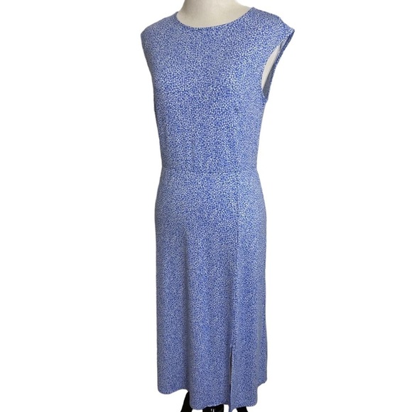 NWT LOFT Women Blue White Geo Floral Cap Sleeve Rayon Stretch Midi Dress Size 6 - Picture 1 of 8